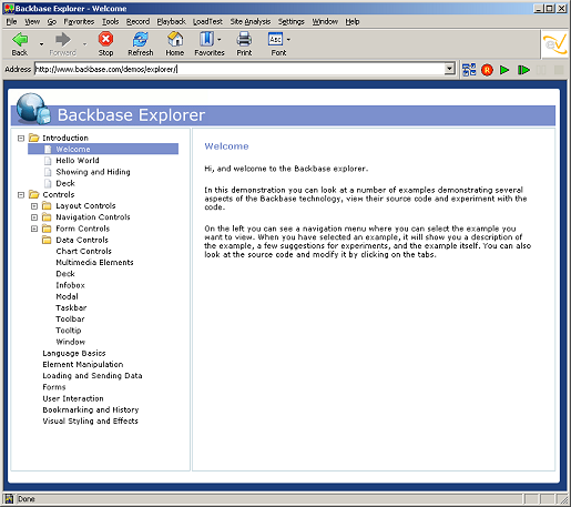 Starting Page for Backbase/Explorer