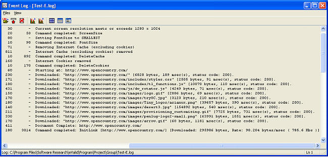 Sample of eValid event log showing detailed timing data for one page download.